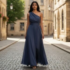 Vera Wang White One Shoulder Gown Formal Dress Marine Navy Blue Size 2 Pockets